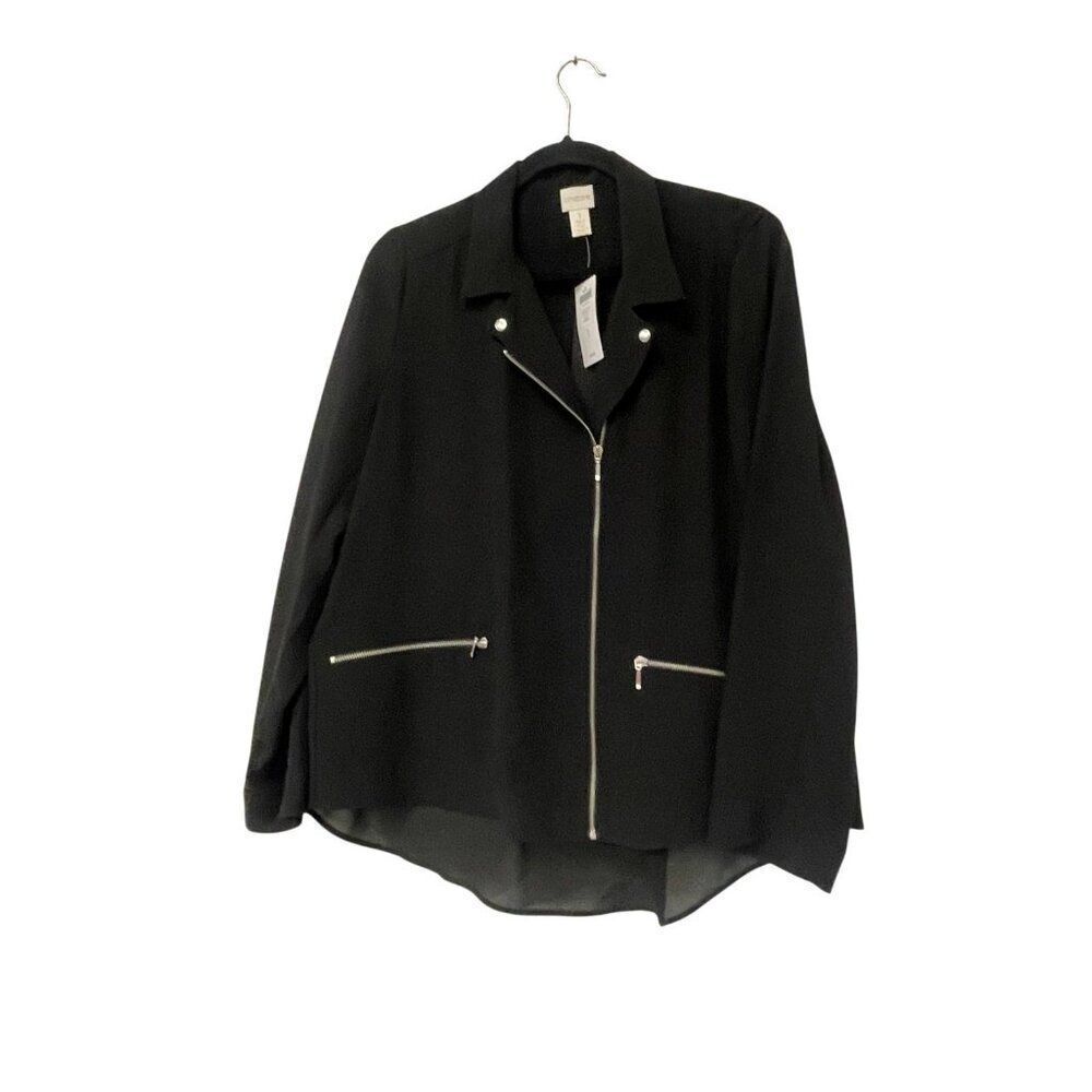 Chicos Womens Motorcycle Jacket 1 M 8 Black Full Zip Lightweight High Low NWT